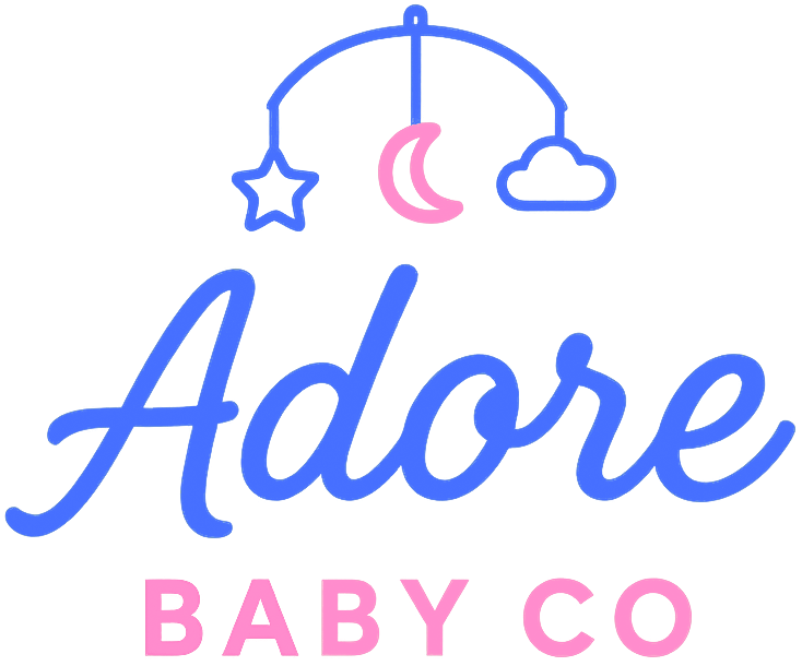 Adore Baby Co logo with crib mobile illustration featuring stars, moon, and clouds above the brand name.