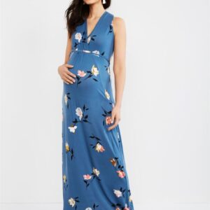 New V-neck Printed Maternity Long Dress