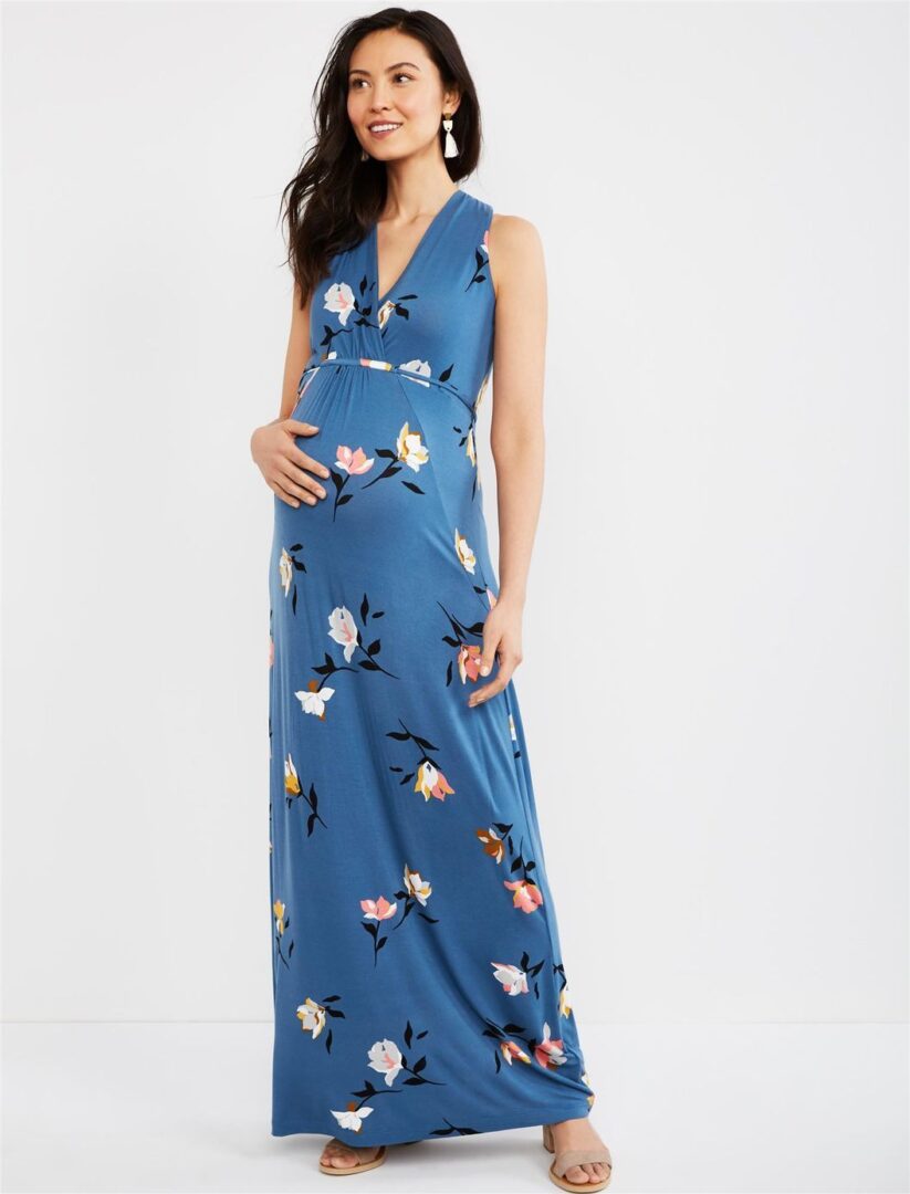 New V-neck Printed Maternity Long Dress