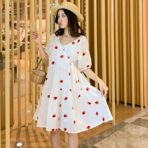 Strawberry Puffy Maternity Dress With Embroidery