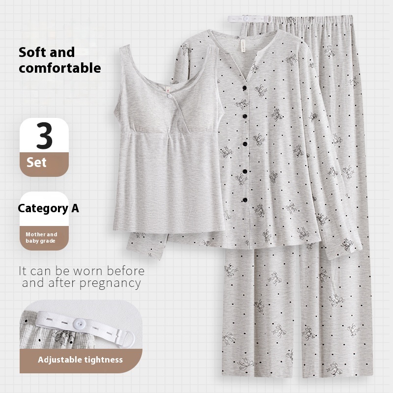 Three-piece Thin Pregnant Woman Breastfeeding Homewear Pajamas With Chest Pad - Image 5