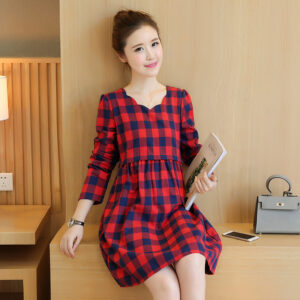 Maternity dress cotton plaid mid-length maternity dress