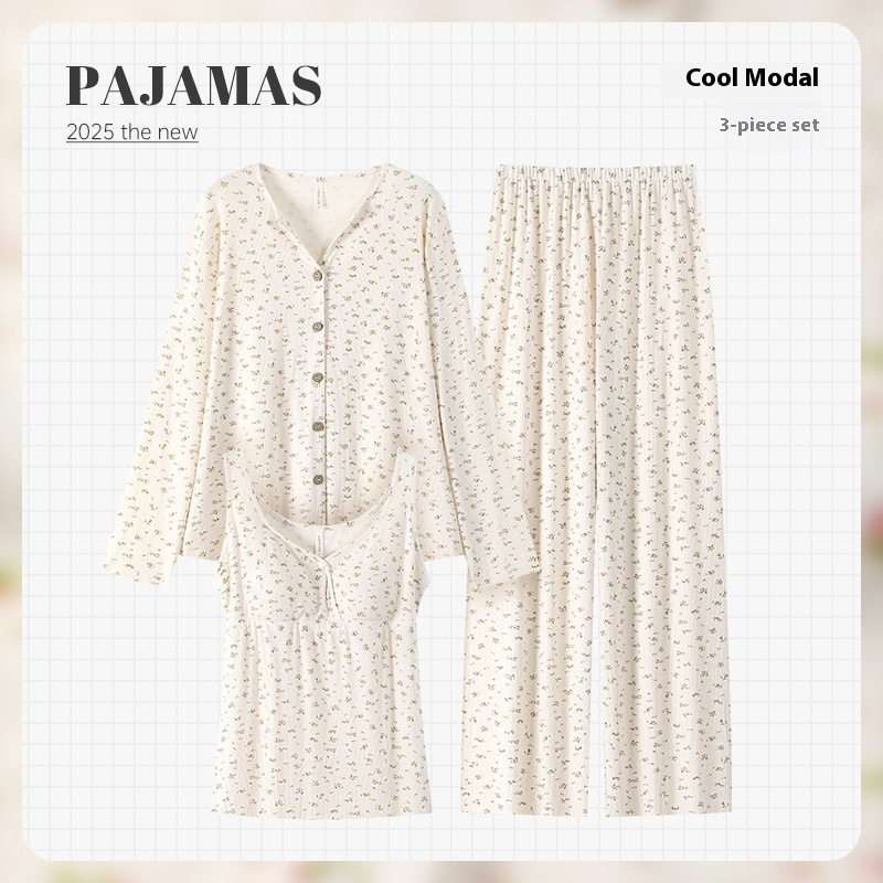 Three-piece Thin Pregnant Woman Breastfeeding Homewear Pajamas With Chest Pad - Image 4