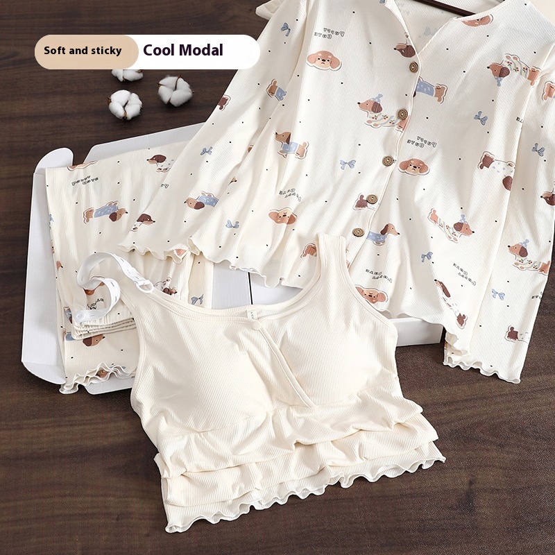 Three-piece Thin Pregnant Woman Breastfeeding Homewear Pajamas With Chest Pad