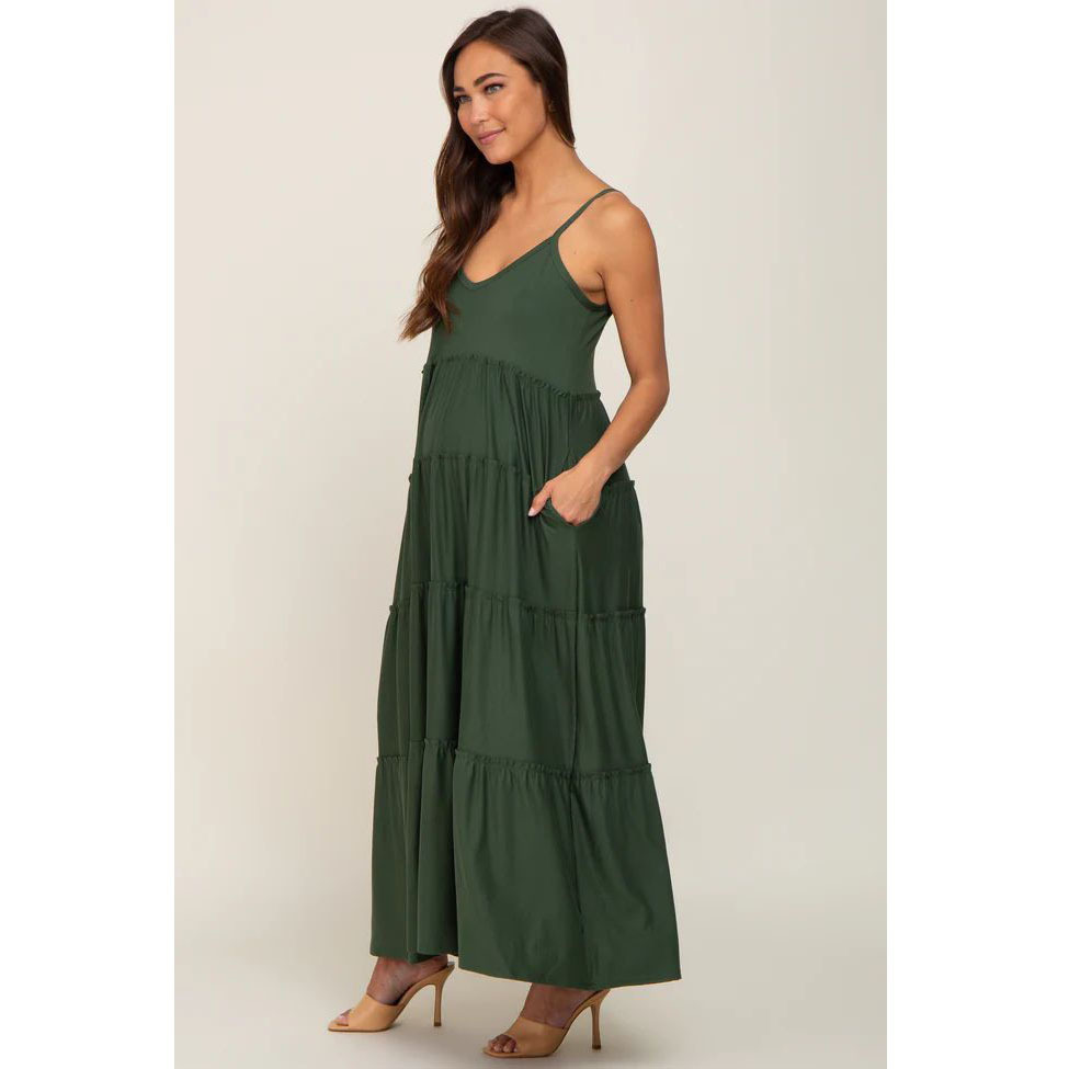 Green Suspenders Ruffled Layered Maternity Dress - Image 4