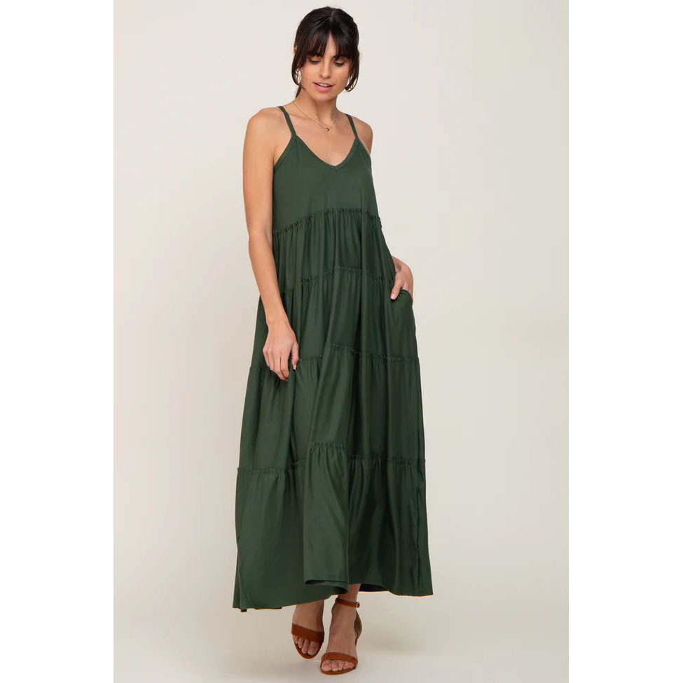 Green Suspenders Ruffled Layered Maternity Dress - Image 3