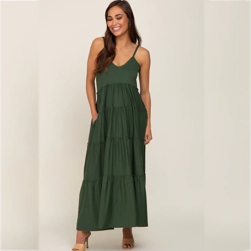 Green Suspenders Ruffled Layered Maternity Dress - Image 2