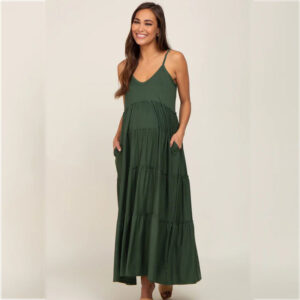 Green Suspenders Ruffled Layered Maternity Dress