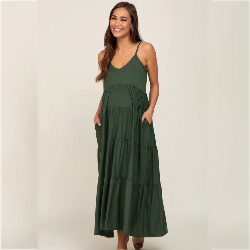 Green Suspenders Ruffled Layered Maternity Dress